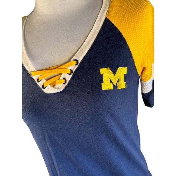 Womens Antigua Michigan V-Neck Lace Up Tee S Blue & Yellow - Picture 2 of 6